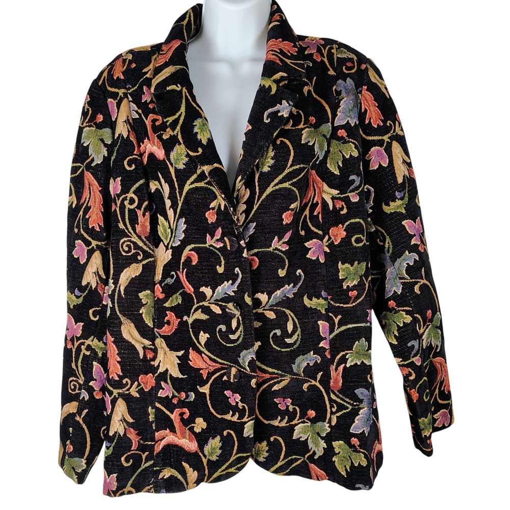 Tapestry Blazer 1X Jacket Floral Scrollwork Black Multi Color vintage whimsical